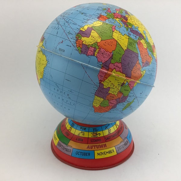 Globe Bank Metal Globe Piggy Bank World Coin Bank World Globe Zodiac Astrology Ohio Art  Co Made in USA