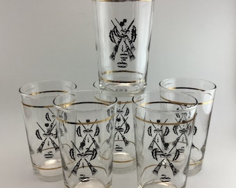 Curling Sport High Ball Glasses Federal Glass Mid-Century Set of Six