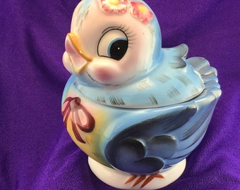Lefton Bluebird Sugar Bowl or Jam Pot ESD Japan Anthropomorphic