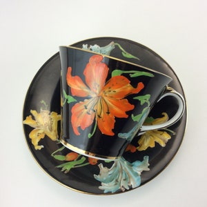 Aynsley tasse et soucoupe Art déco des années 1930 Tiger Lilies noir rare tasse à thé et soucoupe
