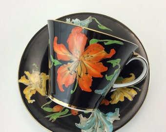 Aynsley Cup and Saucer Art Deco 1930s Tiger Lilies Black