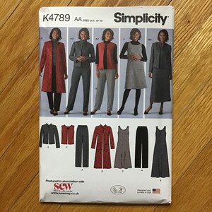 May include: Simplicity sewing pattern K4789 AA, size U.S. 10-18. The package shows illustrations of women's outfits, including a long coat, jacket, vest, dress, and trousers. The pattern is designed and printed in the USA.