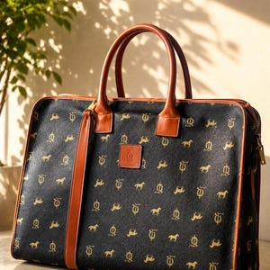 May include: Black travel bag featuring a gold horse and crown pattern. It has brown leather handles, trim, and a shoulder strap. A brown leather square with a gold emblem is centered on the bag.