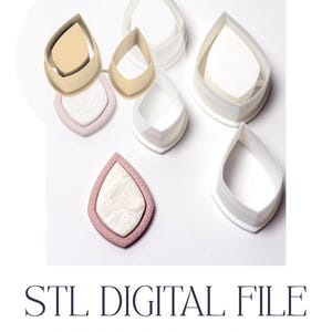 May include: A collection of teardrop-shaped cutters in white and tan plastic, alongside two finished teardrop-shaped clay pieces with textured pink borders and marbled white centers. The text reads STL DIGITAL FILE, digital download, no physical items sent, ready to print, personal use only.