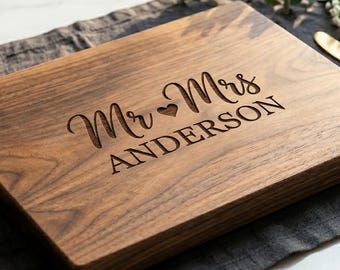 Personalized Mr and Mrs Cutting Board, Custom Engraved Wood Board, Wedding Gift