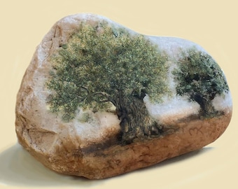 Israeli landscape, olive tree, oil painting on a Holy Land pebble, by Miki Karni