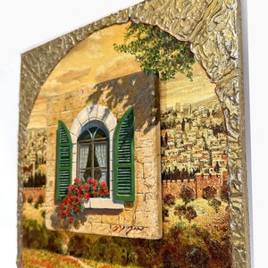 Window to Jerusalem - Original Oil Painting on Stone with Silver Plating, by Miki Karni