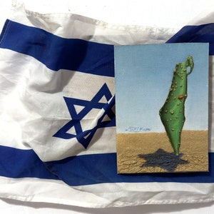 Pintura de la bandera israelí con tierra de Tierra Santa – Arte del 77.º Día de la Independencia – Mapa de Sabra – Regalo patriótico de Israel