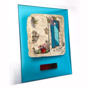 Pintura al óleo sobre piedra de Jerusalén: Escena del callejón de la puerta azul - Arte israelí