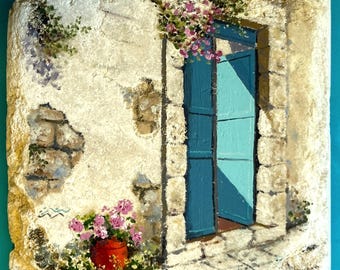 Original oil painting on Jerusalem stone: Blue Door Alley Scene - Israeli Art