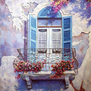 Impresión giclée con vista de ventana mediterránea: mapa oculto, contraventanas azules y flores, obra de Miki Karni Home Decor