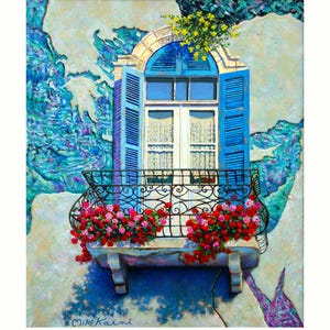 Pintura al óleo original: Ventana mediterránea con mapa oculto y tonos de conchas marinas de Miki Karni