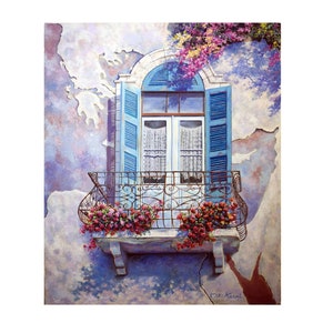 Ventana al Mediterráneo, pintura al óleo, mapa oculto, contraventanas azules y flores, arte israelí original de Miki Karni