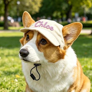 May include: A tan baseball cap with a black chin strap and the name Chloe written in pink cursive letters on the front, worn by a brown and white Corgi dog. The cap features a curved brim and a secure adjustable cord under the chin.