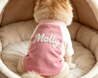 T-shirt voor huisdieren met kleurblokken en naam, geborduurd met kettingsteek, zacht katoenen hondenshirt, T-shirt met naam voor kat of hond, cadeau voor hondenliefhebbers