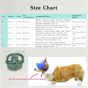 May include: A size chart for a pet hat with columns for size, diameter, width, face circumference, recommended breeds, and weight in kg and lbs. Includes a green corduroy hat and a photo of a dog wearing a blue hat with a red measurement line.