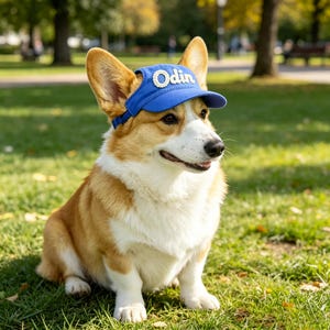 May include: A blue visor cap featuring the name Odin in white, pearl-like lettering across the front. The visor has a thin blue strap and is worn by a tan and white Corgi dog with pointed ears, sitting upright with a visible black nose and mouth.