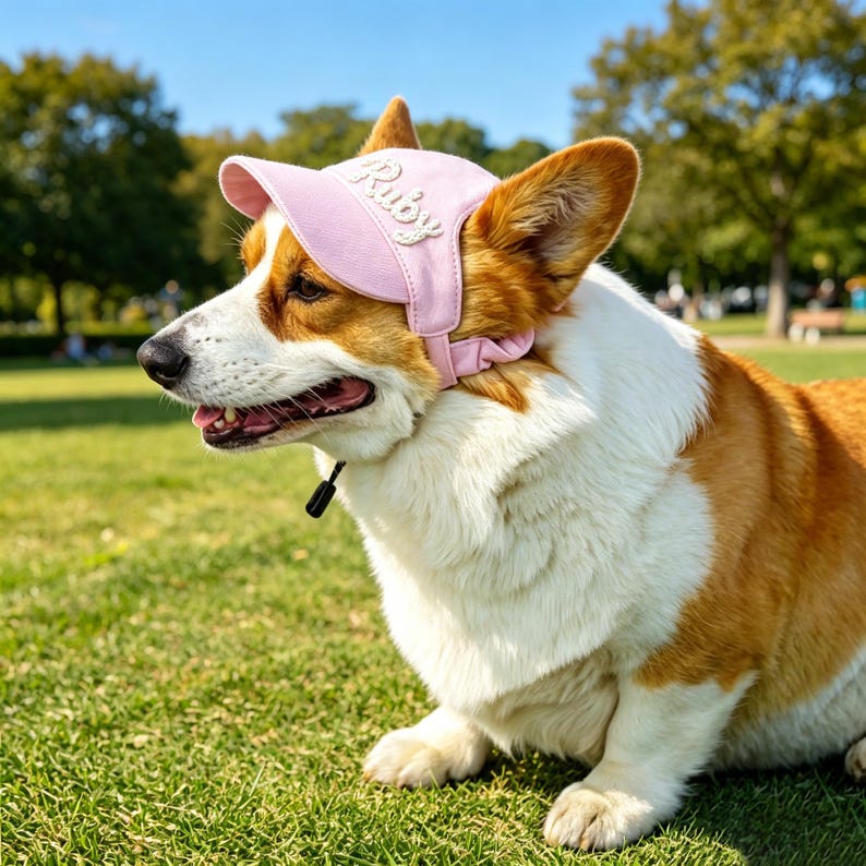 May include: A light pink baseball cap with the name Ruby embroidered in white script on the front, worn by a brown and white Corgi dog. The cap features a structured brim and an adjustable elastic strap that secures under the chin.
