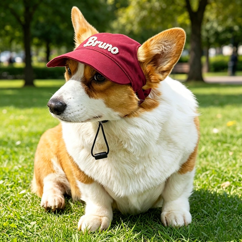 May include: A maroon pet cap featuring the name Bruno embroidered in white script on the front. The cap has a structured brim and an adjustable black chin strap with a plastic toggle to secure it comfortably under the chin of a small dog.