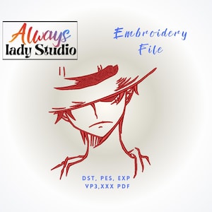 May include: A red line art embroidery design of a character wearing a wide-brimmed hat. The text Always lady Studio is in a black box, with Embroidery File and the file formats DST, PES, EXP, VP3, XXX PDF printed in blue below it.