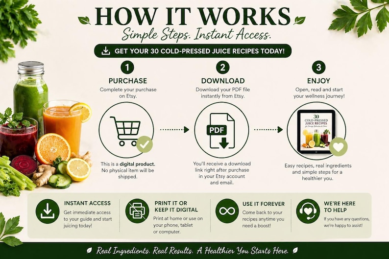 May include: Graphic with text "HOW IT WORKS" and "GET YOUR 30 COLD-PRESSED JUICE RECIPES TODAY!". Includes images of juice, fruit, and a tablet. The steps are: Purchase, Download, and Enjoy. Digital product.
