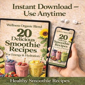 May include: An image featuring a tablet and a smartphone displaying a digital cookbook with 20 smoothie recipes. The image includes fresh fruit and the text "Instant Download - Use Anytime" and "Healthy Smoothie Recipes".