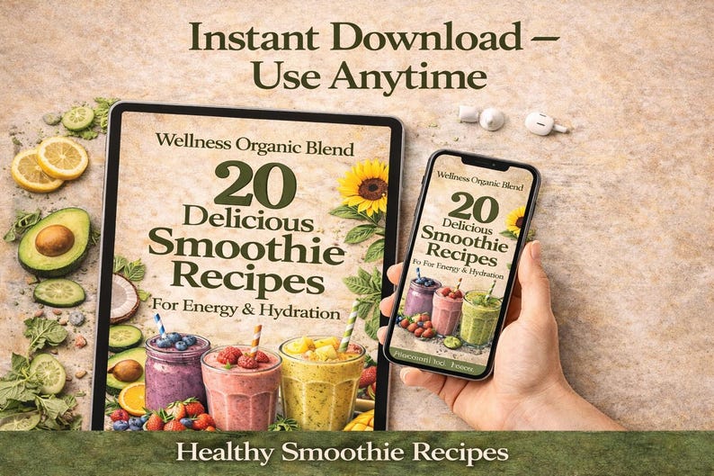 May include: An image featuring a tablet and a smartphone displaying a digital cookbook with 20 smoothie recipes. The image includes fresh fruit and the text "Instant Download - Use Anytime" and "Healthy Smoothie Recipes".