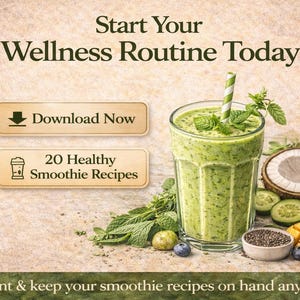 May include: A refreshing green smoothie in a tall glass with a striped straw, surrounded by fresh ingredients like mint, coconut, and mango. The image includes text that says "Start Your Wellness Routine Today" and "20 Healthy Smoothie Recipes".