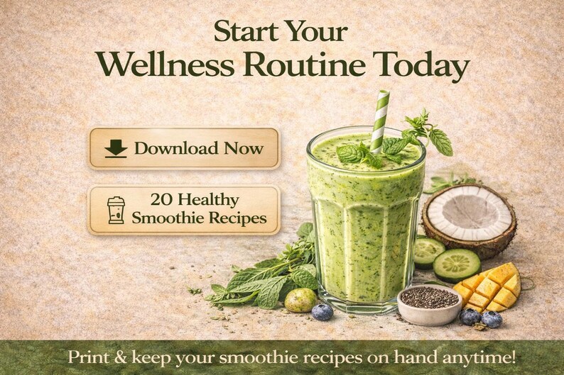 May include: A refreshing green smoothie in a tall glass with a striped straw, surrounded by fresh ingredients like mint, coconut, and mango. The image includes text that says "Start Your Wellness Routine Today" and "20 Healthy Smoothie Recipes".