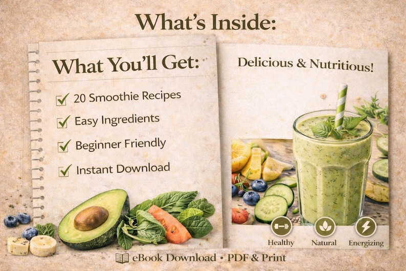 May include: An ebook cover with the text "What's Inside: What You'll Get: 20 Smoothie Recipes, Easy Ingredients, Beginner Friendly, Instant Download." A green smoothie is pictured with fresh ingredients. The words "Delicious & Nutritious!" are also displayed.