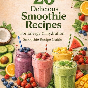 May include: A book cover with the title "20 Delicious Smoothie Recipes" and the subtitle "For Energy & Hydration." The image features four colorful smoothies in glasses, surrounded by fresh fruits and vegetables like strawberries, blueberries, and mango.