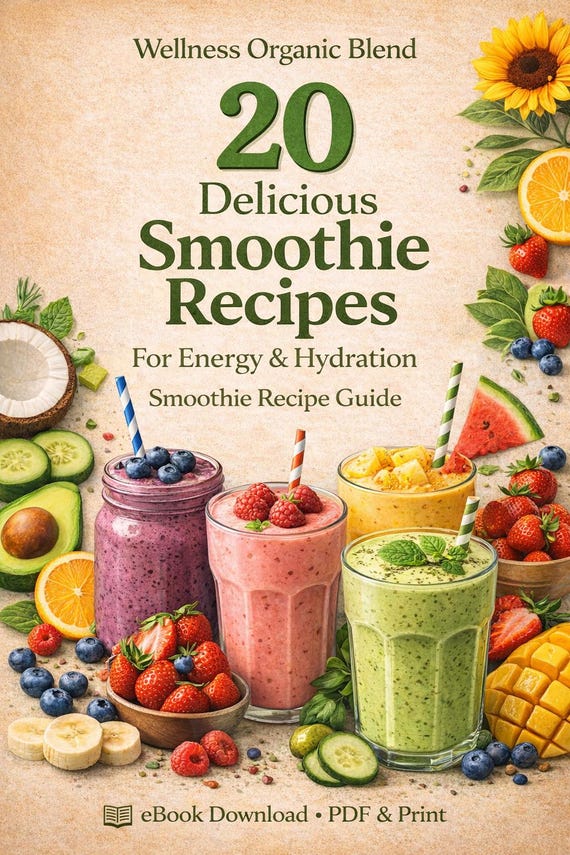 20 Smoothie Recipes for Energy & Hydration | Healthy Smoothie Recipe Guide PDF | Printable Drink Recipes | Instant Download