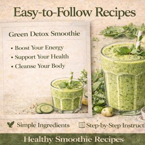 May include: An image promoting healthy smoothie recipes. It features a green smoothie in a glass, ingredients like avocado and blueberries, and text that reads "Easy-to-Follow Recipes" and "Green Detox Smoothie".