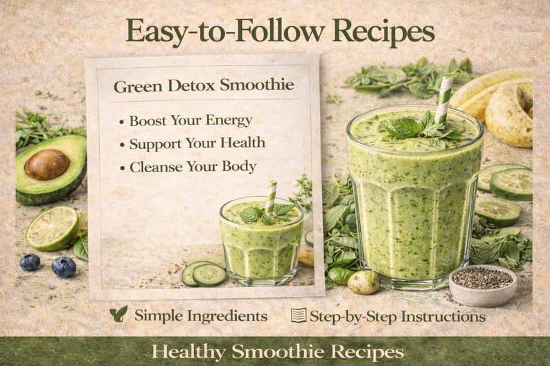 May include: An image promoting healthy smoothie recipes. It features a green smoothie in a glass, ingredients like avocado and blueberries, and text that reads "Easy-to-Follow Recipes" and "Green Detox Smoothie".