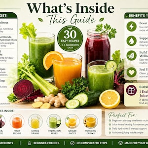 May include: A guide with 30 juice and wellness drink recipes. The image shows various juice glasses with ingredients like oranges, cucumbers, and ginger. The guide promises easy recipes, energy boosts, and daily hydration.
