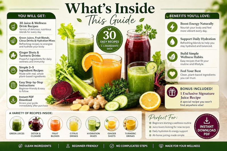 May include: A guide with 30 juice and wellness drink recipes. The image shows various juice glasses with ingredients like oranges, cucumbers, and ginger. The guide promises easy recipes, energy boosts, and daily hydration.