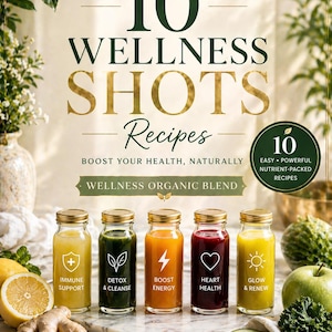 May include: A digital graphic titled 10 WELLNESS SHOTS Recipes featuring five glass bottles filled with colorful juices labeled Immune Support, Detox & Cleanse, Boost Energy, Heart Health, and Glow & Renew, surrounded by fresh produce.