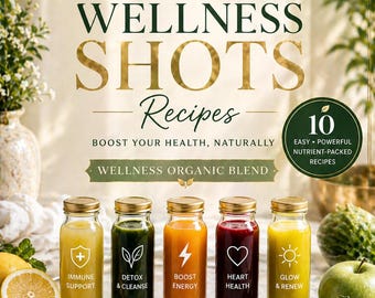 May include: A digital graphic titled 10 WELLNESS SHOTS Recipes featuring five glass bottles filled with colorful juices labeled Immune Support, Detox & Cleanse, Boost Energy, Heart Health, and Glow & Renew, surrounded by fresh produce.