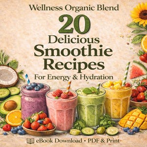 May include: An ebook cover featuring 20 smoothie recipes for energy and hydration. The image showcases four colorful smoothies in glasses, surrounded by fresh fruits and vegetables like strawberries, mango, and cucumber. A sunflower and text are at the top.