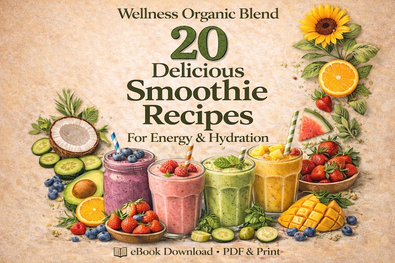 May include: An ebook cover featuring 20 smoothie recipes for energy and hydration. The image showcases four colorful smoothies in glasses, surrounded by fresh fruits and vegetables like strawberries, mango, and cucumber. A sunflower and text are at the top.