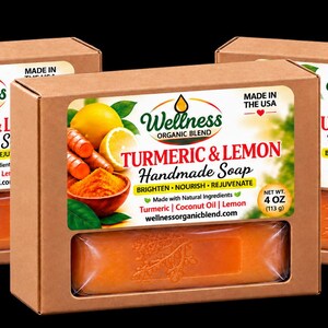 May include: Three rectangular boxes of Wellness Organic Blend Turmeric & Lemon Handmade Soap. Each brown cardboard box features a label with images of lemons and turmeric, stating 4 oz (113 g) net weight and Made in the USA.