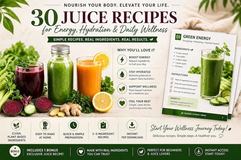 May include: Image of a wellness guide with the text "30 Juice Recipes for Energy, Hydration & Daily Wellness." The image features three glasses of juice, ingredients, and a recipe card. The guide promotes healthy living with plant-based ingredients.