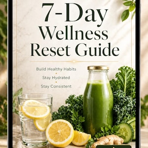 May include: Digital tablet displaying a wellness guide. The screen shows the text "7-Day Wellness Reset Guide" with supporting text. A glass of water with lemon slices, a green smoothie, and fresh produce are also visible.