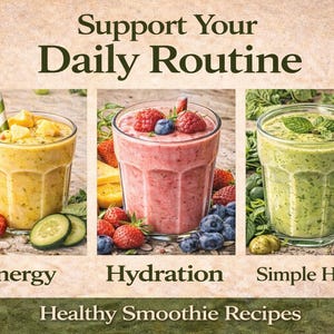 May include: Image features three smoothies in clear glasses, each with different fruits and vegetables. The text reads "Support Your Daily Routine" and "Healthy Smoothie Recipes." The smoothies are labeled "Energy," "Hydration," and "Simple Habits."