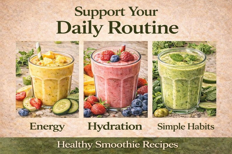 May include: Image features three smoothies in clear glasses, each with different fruits and vegetables. The text reads "Support Your Daily Routine" and "Healthy Smoothie Recipes." The smoothies are labeled "Energy," "Hydration," and "Simple Habits."