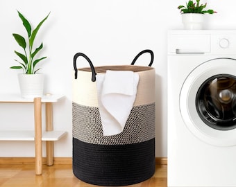 Woven Cotton Rope Laundry Basket, Large Storage Bin With Handles