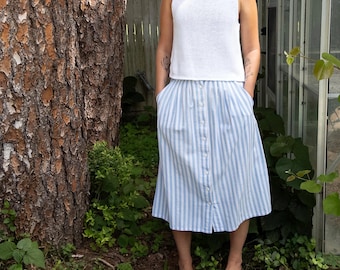 Vintage handgemaakte lichtblauw gestreepte rok cottagecore Franse landelijke stijl extra kleine klassieke zomerpicknick-outfit babyblauw tuinfeest