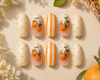 Handmade Orange Citrus Press On Nails, 3D Fruit Blossom Set, Cottagecore Summer Gel Nails