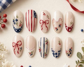 Handmade Patriotic Press On Nails, 4th of July Cherry Bow, Red White Blue Mani