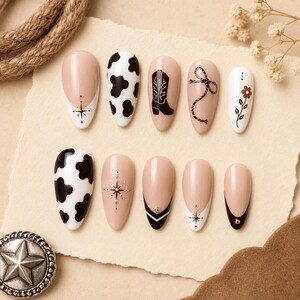 Western Cow Print Almond Press On Nails, Cowboy Boot Rope Bow French Tip Set